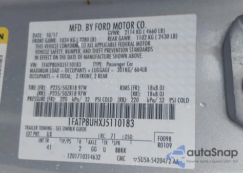 2018 Ford Mustang Ecoboost Premium z USA, uszkodzony, nr VIN 1FATP8UHXJ5110183